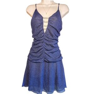 E-klah Blue Metallic Glitter Ruched Mini Dress Lace Up Back